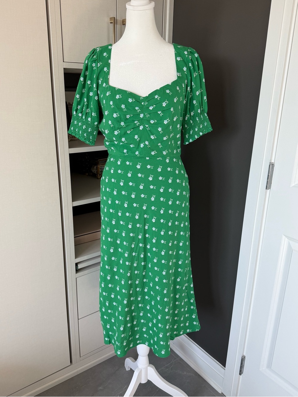 J. Crew Green Floral Midi Dress with Sweetheart Neckline